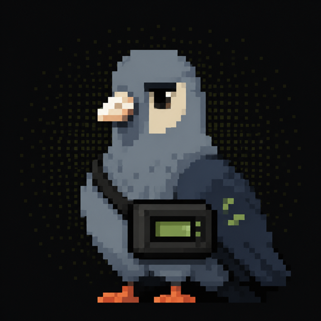 Pascal, a pixel-art pigeon wearing a pager