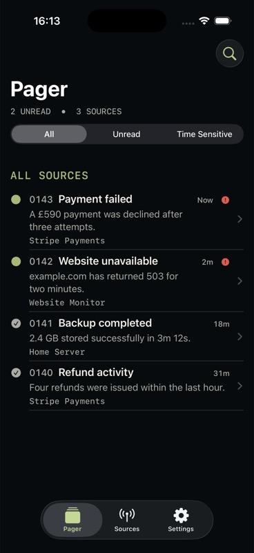 Pager list showing payment, website and backup Alerts